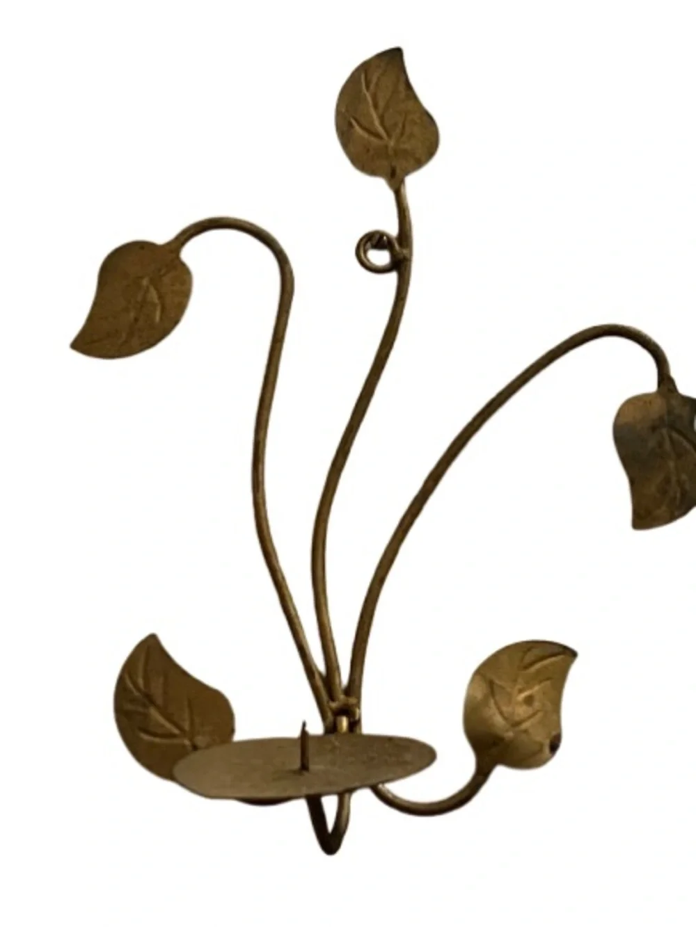 Vintage Brass Leaf Wall Hook Candle Holder Set in Gold Tone with green leaf hues
